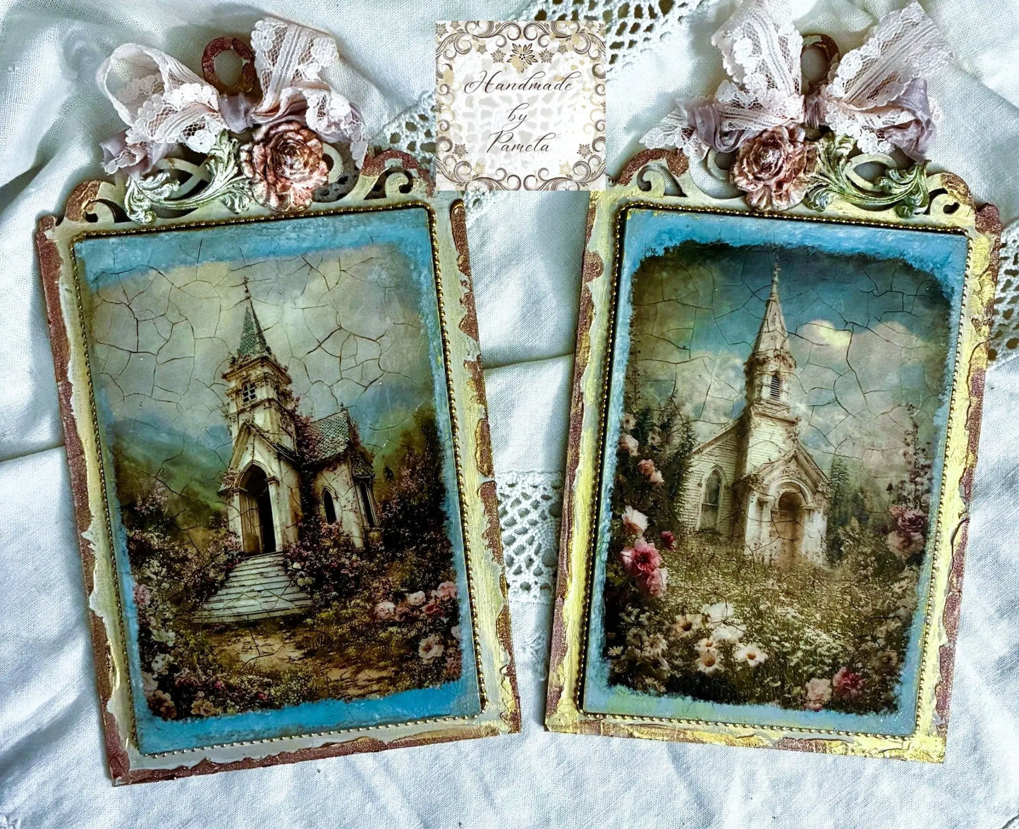 Handcrafted, Decoupage, Mixed Media, Vintage Style Church Panel, Plaques Set of 2, made by Pamela Handmade by Pamela