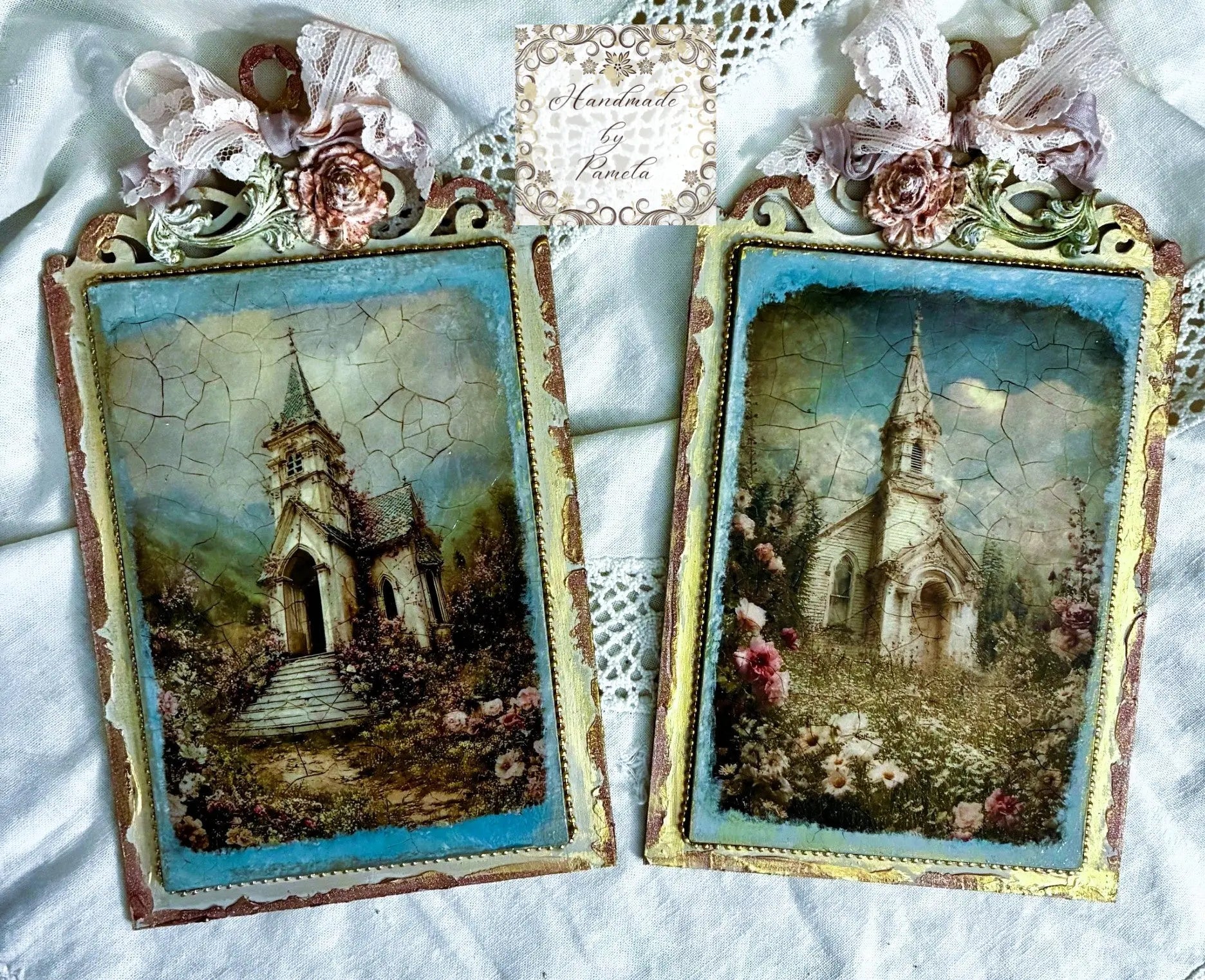 Handcrafted, Decoupage, Mixed Media, Vintage Style Church Panel, Plaques Set of 2, made by Pamela Handmade by Pamela