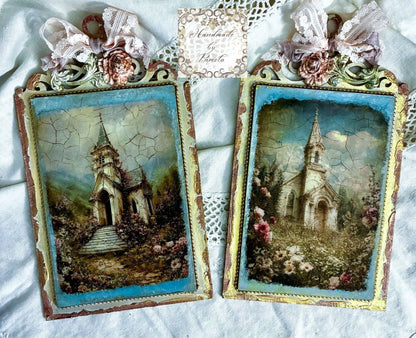 Handcrafted, Decoupage, Mixed Media, Vintage Style Church Panel, Plaques Set of 2, made by Pamela Handmade by Pamela
