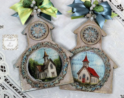 Handcrafted, Decoupage, Mixed Media, Set of 2, Church Ornaments handmade by Pamela Handmade by Pamela