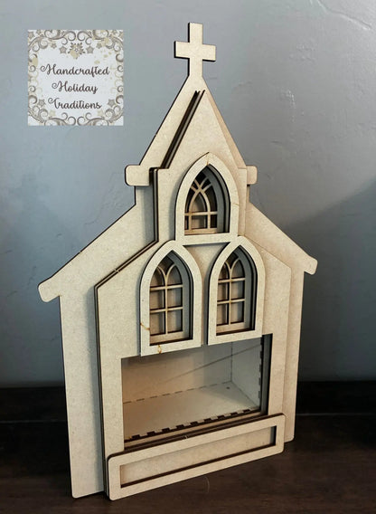 Laser Cut, MDF, Buildable, Church, Shadow Box Kit, Diorama, Display, Blank, Base, Decoupage, Mixed Media, Crafts, Limited Edition, Village Handcrafted Holiday Traditions