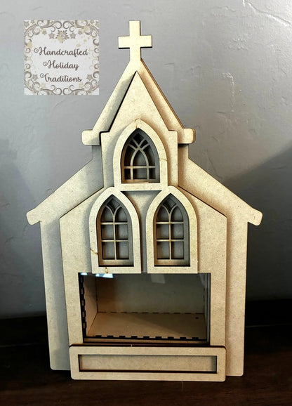 Laser Cut, MDF, Buildable, Church, Shadow Box Kit, Diorama, Display, Blank, Base, Decoupage, Mixed Media, Crafts, Limited Edition, Village Handcrafted Holiday Traditions