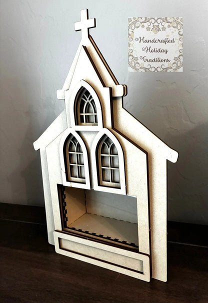 Laser Cut, MDF, Buildable, Church, Shadow Box Kit, Diorama, Display, Blank, Base, Decoupage, Mixed Media, Crafts, Limited Edition, Village Handcrafted Holiday Traditions