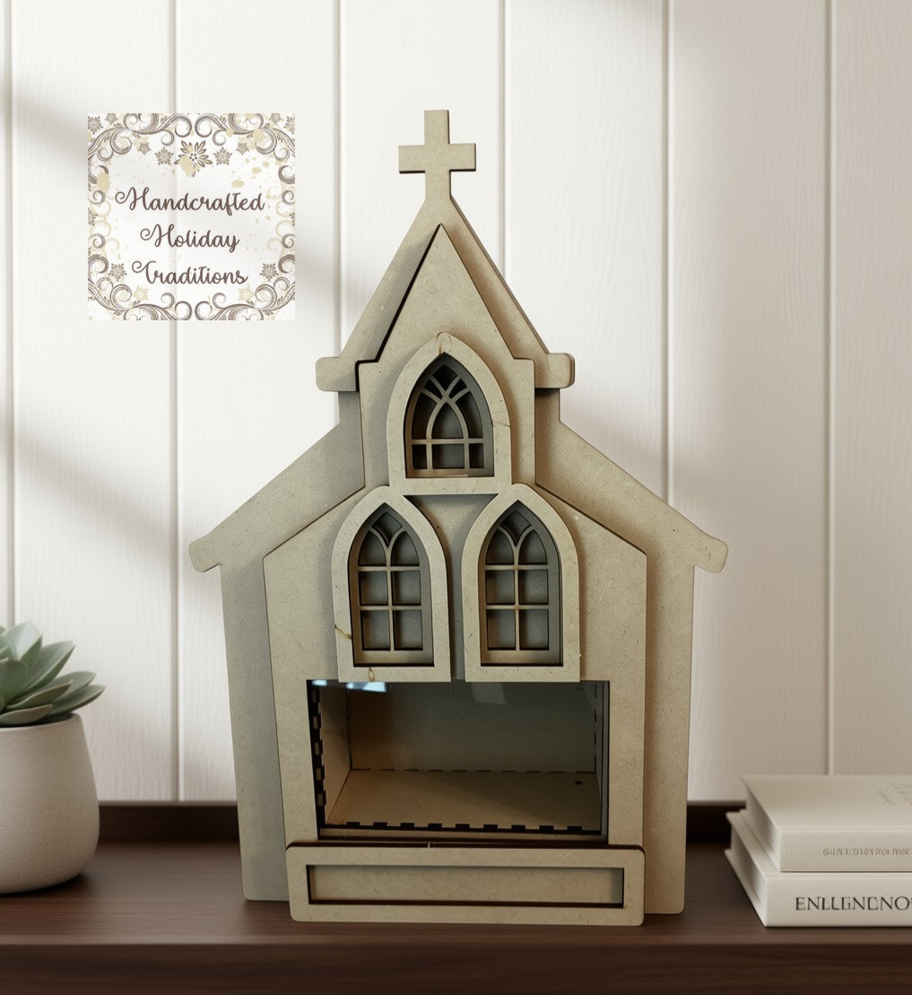 Laser Cut, MDF, Buildable, Church, Shadow Box Kit, Diorama, Display, Blank, Base, Decoupage, Mixed Media, Crafts, Limited Edition, Village