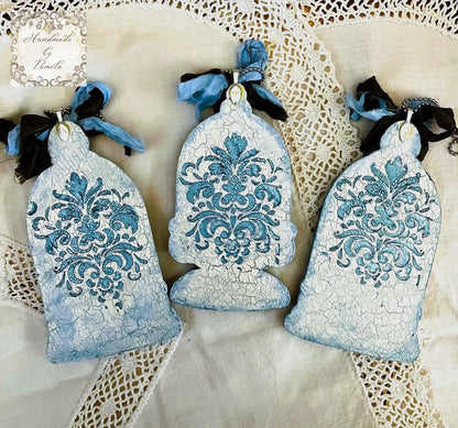 Handcrafted, Laser Cut MDF, Decoupage Cloche Resin Casted Ornament Sets, Birds, Peacock, Holy Family Handmade by Pamela