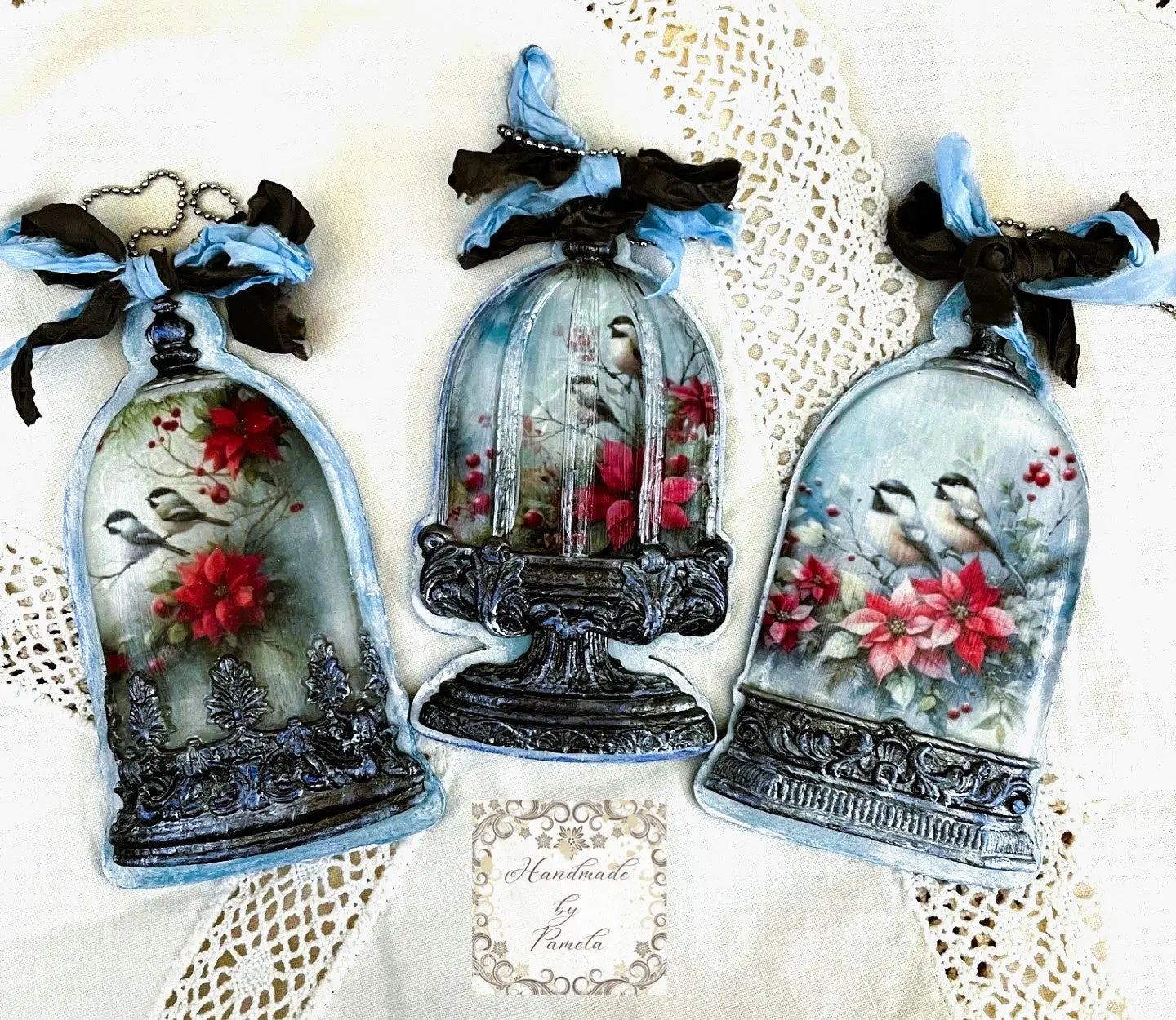 Handcrafted, Laser Cut MDF, Decoupage Cloche Resin Casted Ornament Sets, Birds, Peacock, Holy Family Handmade by Pamela