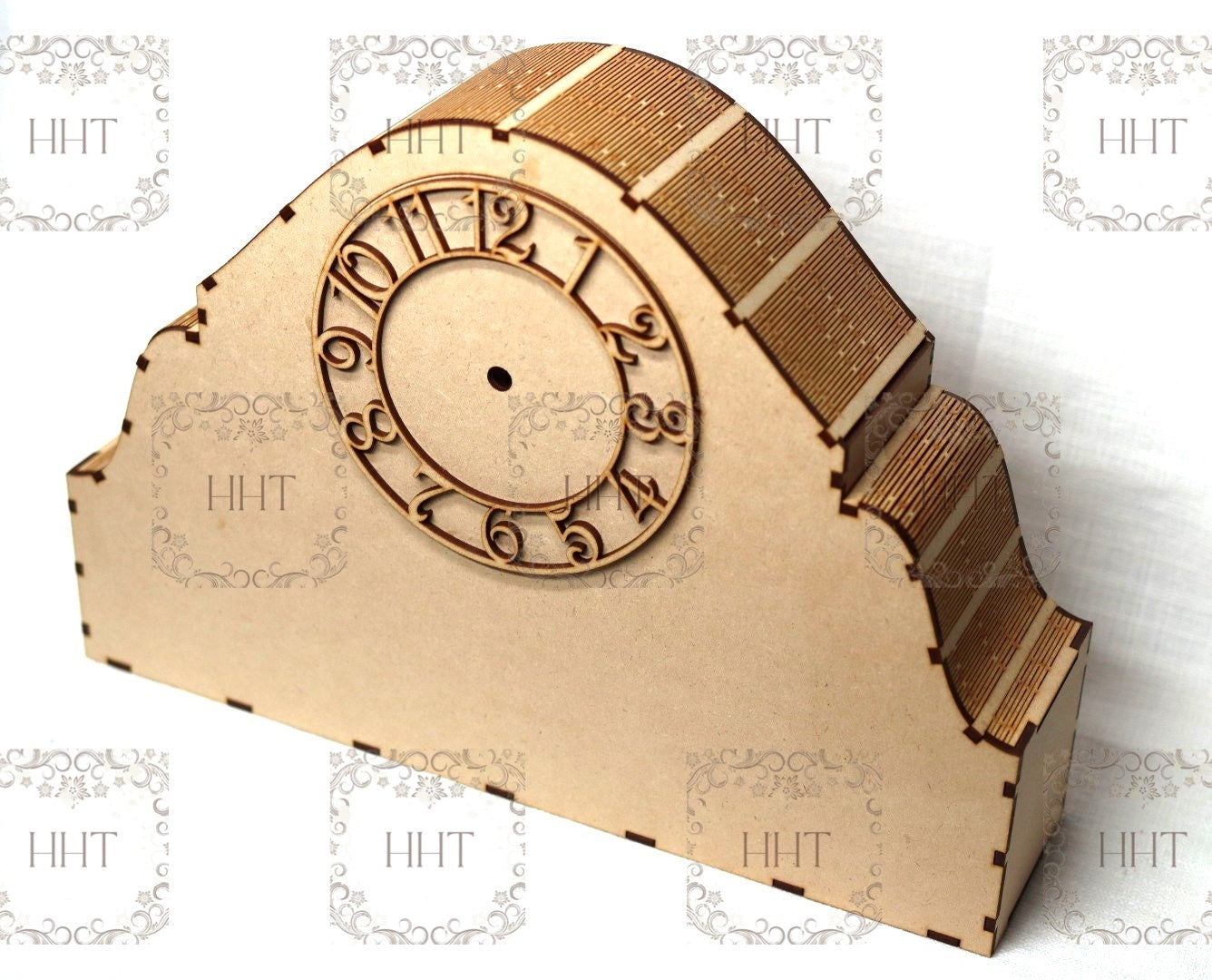 Laser Cut, MDF, Mantle Clock, Buildable Kit, Craft, Base, Blank, Canvas, Decoupage, Mixed Media, Paintable, 13" x 9" x 3"