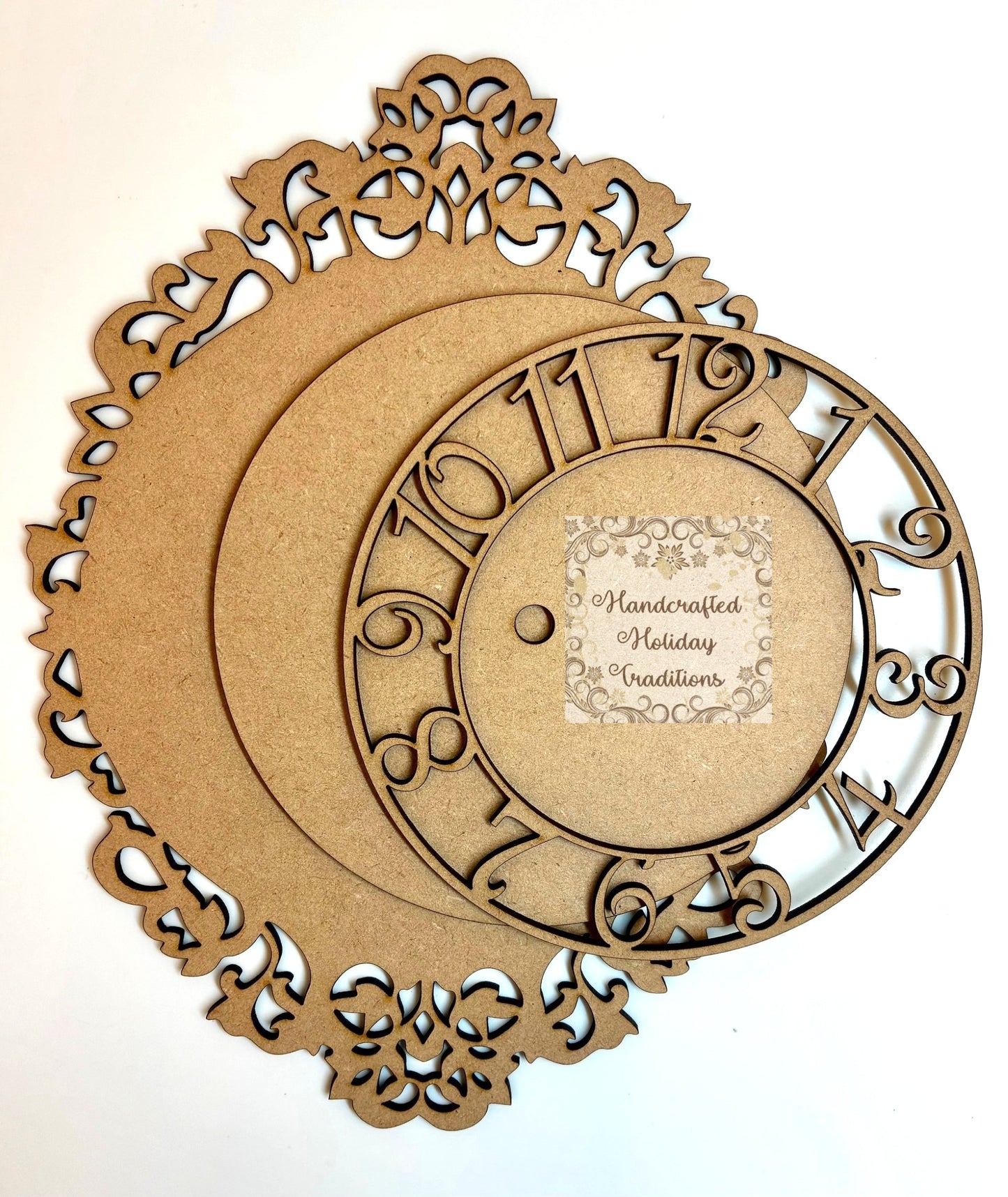 Laser Cut, MDF, Vintage Style, Clock, Blank, Base, Plaque, 3 pc, Decoupage, Mixed Media, Crafts, 7"w x 9"h