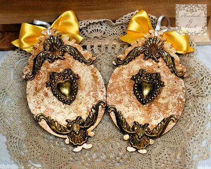 Handcrafted, Set of 2, Christmas Ornament, MDF, Decoupage, Mixed Media, Gold gilded Angels and Cherubs Handmade by Pamela