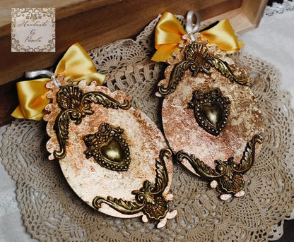 Handcrafted, Set of 2, Christmas Ornament, MDF, Decoupage, Mixed Media, Gold gilded Angels and Cherubs Handmade by Pamela
