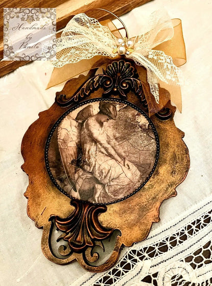 Handcrafted, Laser Cut MDF, Christmas Ornament, Shabby Chic Victorian Style, Angel, Decoupage, Mixed Media Handmade by Pamela