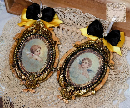 Handcrafted, Set of 2, Christmas Ornament, MDF, Decoupage, Mixed Media, Gold gilded Angels and Cherubs Handmade by Pamela