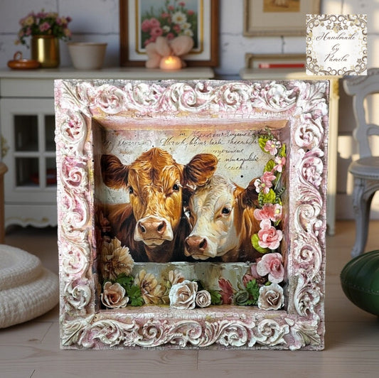 Handcrafted, Decoupage, Mixed Media, Shadow Box, Calves, Roses, Wall Art, Home Decor, Shabby Chic, Vintage Style