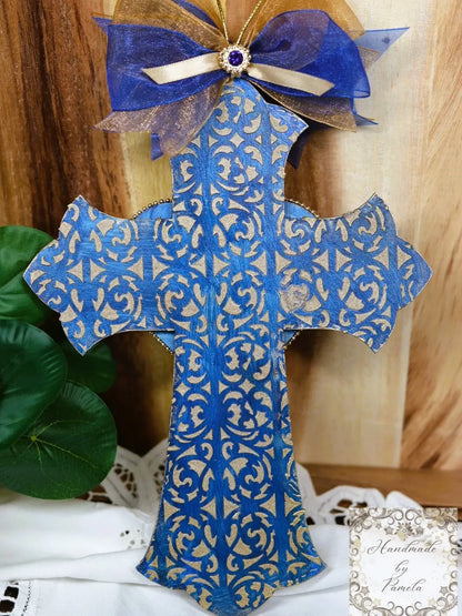 Handcrafted Mixed Media Shabby Chic Cross, Remember, Vintage Style, Decoupage, Antique Style Cross Panel, Laser Cut MDF, Plaque, Nativity Handmade by Pamela