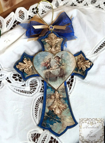 Handcrafted Mixed Media Shabby Chic Cross, Remember, Vintage Style, Decoupage, Antique Style Cross Panel, Laser Cut MDF, Plaque, Nativity Handmade by Pamela