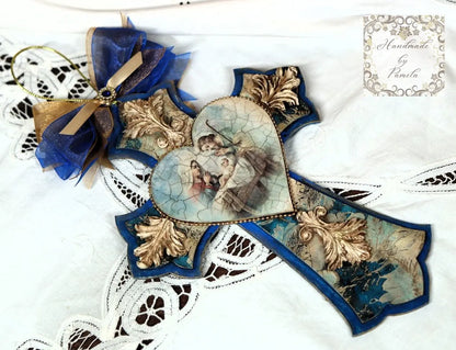 Handcrafted Mixed Media Shabby Chic Cross, Remember, Vintage Style, Decoupage, Antique Style Cross Panel, Laser Cut MDF, Plaque, Nativity Handmade by Pamela
