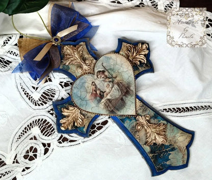 Handcrafted Mixed Media Shabby Chic Cross, Remember, Vintage Style, Decoupage, Antique Style Cross Panel, Laser Cut MDF, Plaque, Nativity Handmade by Pamela