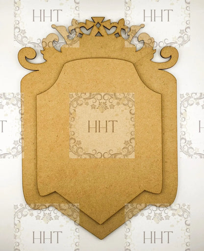 Laser Cut, MDF, Vintage Style, Base, Blank, Crown, Shield, Plaque, Panel, with Center Overlay, 2 pc, Decoupage, Mixed Media, 8 1/2" x 12" Handcrafted Holiday Traditions