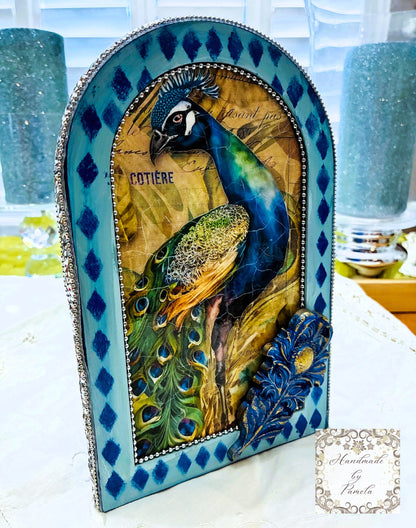 Handcrafted by Pamela, Decoupage, Mixed Media, Peacock Picture, Home Decor Handmade by Pamela