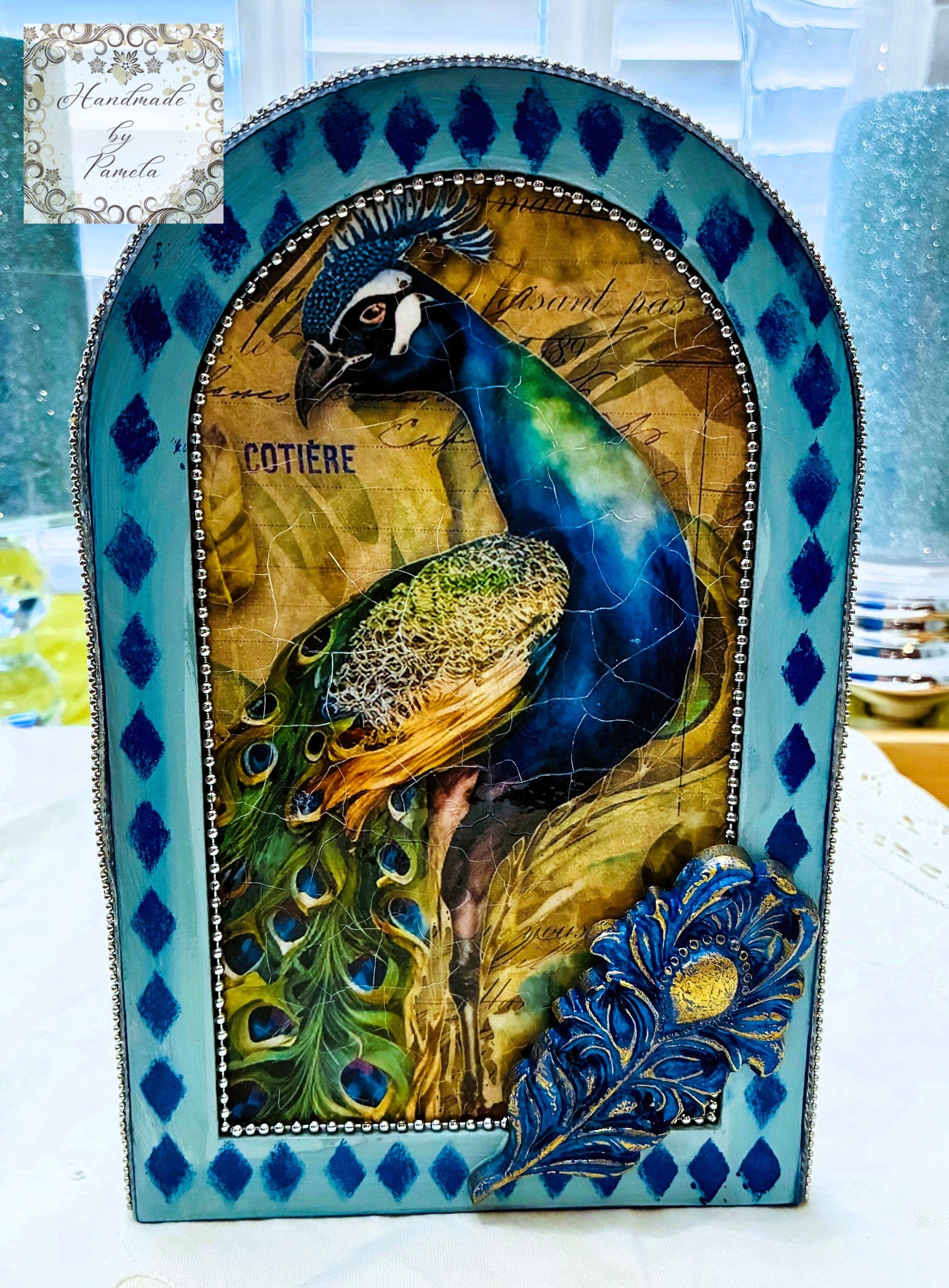 Handcrafted by Pamela, Decoupage, Mixed Media, Peacock Picture, Home Decor Handmade by Pamela