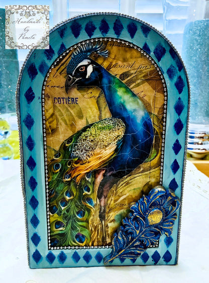 Handcrafted by Pamela, Decoupage, Mixed Media, Peacock Picture, Home Decor Handmade by Pamela