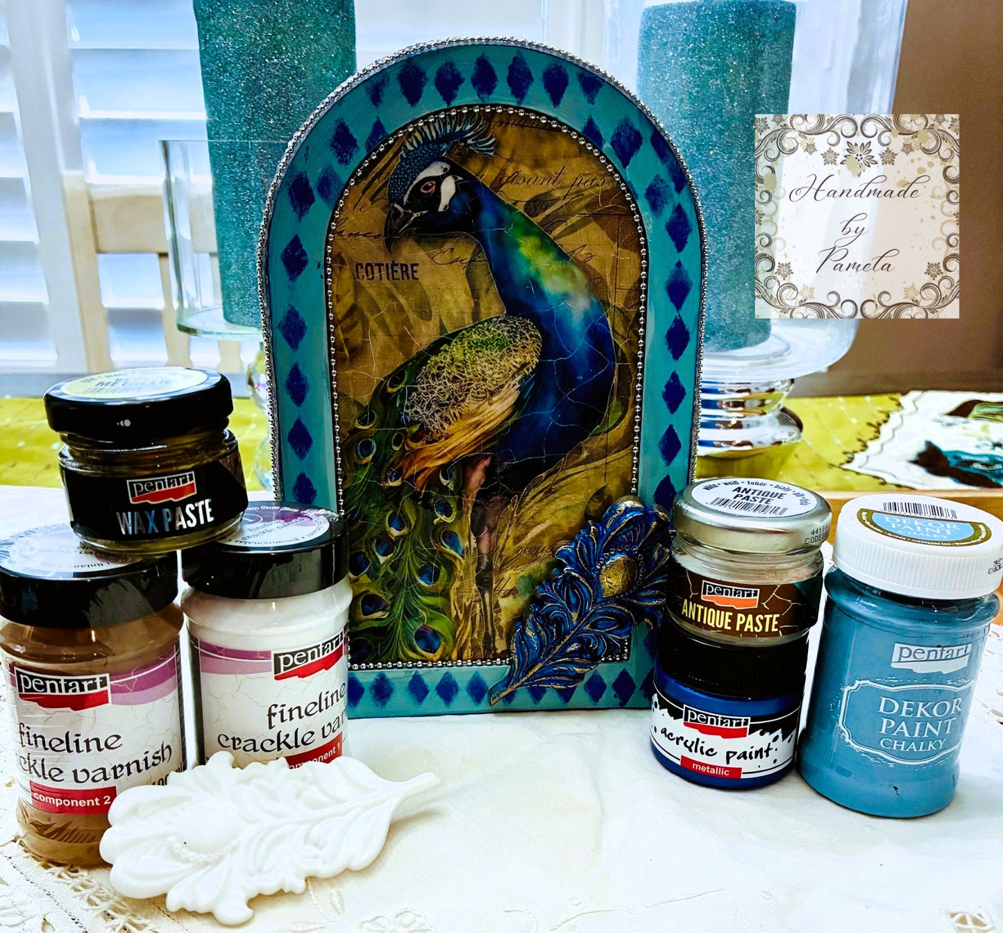 Handcrafted by Pamela, Decoupage, Mixed Media, Peacock Picture, Home Decor Handmade by Pamela