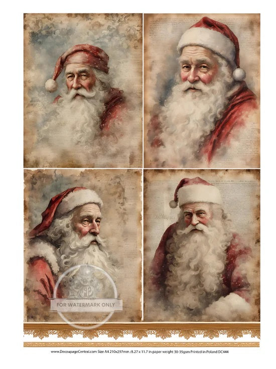 Decoupage Central, Christmas, Santa, Portraits, Squares, Holiday, Decoration, DC444, Rice Paper, Decoupage, Mixed Media, A4 8.27x11.69 in