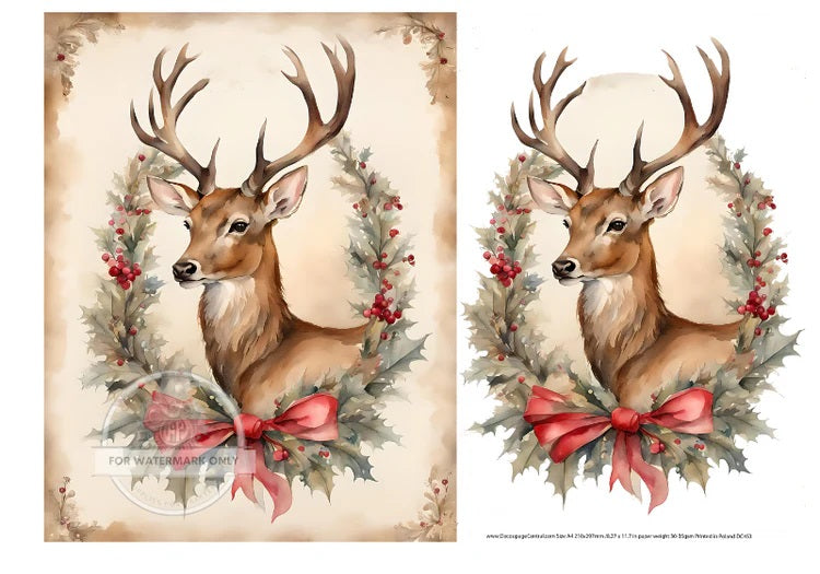 Decoupage Central, Stag, Christmas, Wreath, Deer, Vintage Style, Shabby chic, DC453, Rice Paper, Decoupage, Mixed Media, A4 8.27x11.69 in