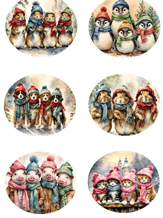Decoupage Central, Christmas, Animals, Ovals, Ornaments, Penguins, Pigs, Dogs, Rounds, Rice Paper, Decoupage, Mixed Media, A4 8.27x11.69