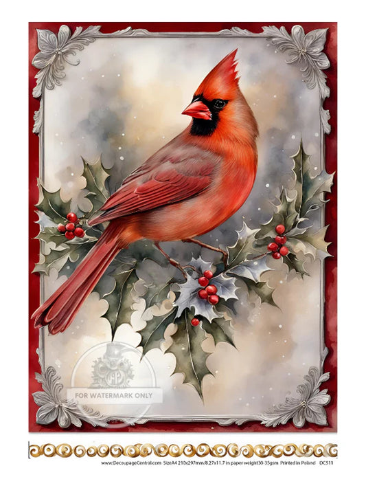 Decoupage Central, Holiday, Cardinals, Christmas, Vintage Style, Shabby Chic, DC511, Rice Paper, Decoupage, Mixed Media, A4 8.27x11.69 in