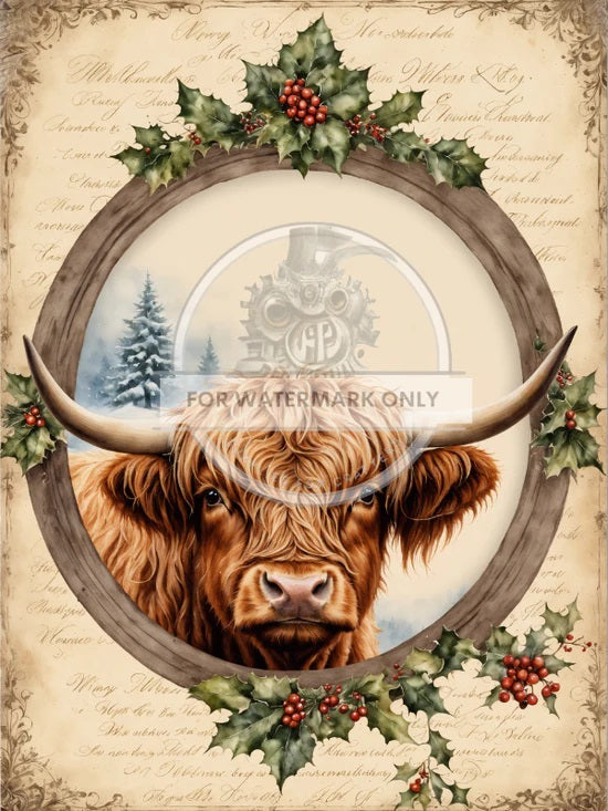 Decoupage Central, Christmas, Cow, Highland, Framed, Country, Shabby chic, DC536, Rice Paper, Decoupage, Mixed Media, A4 8.27 X 11.69