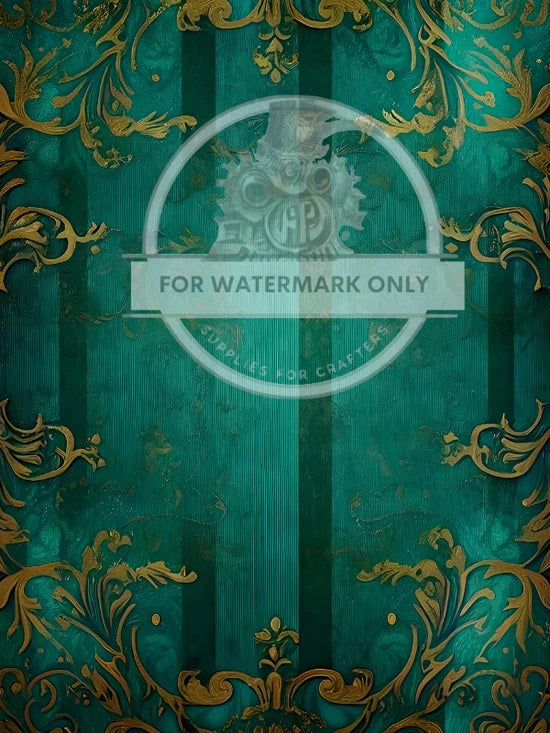 Decoupage Central, Antique Style, Green, Gold Filigree,  Wallpaper, Background, DC547, Rice Paper, Decoupage, Mixed Media, A4 8.27x11.69