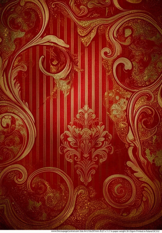 Decoupage Central, Antique Style, Red, Gold Filigree,  Wallpaper, Background, DC552, Rice Paper, Decoupage, Mixed Media, A4 8.27x11.69