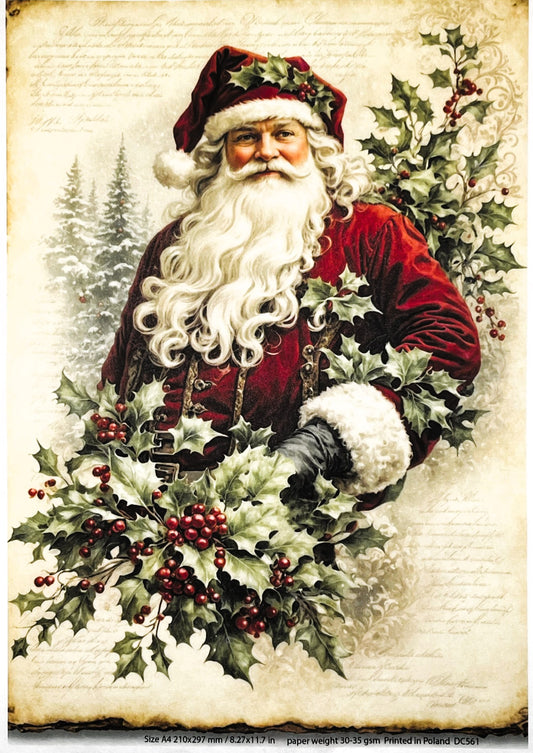 Decoupage Central, Christmas, Santa, Portrait, Holly, Holiday, Decoration, DC561, Rice Paper, Decoupage, Mixed Media, A4 8.27x11.69 in