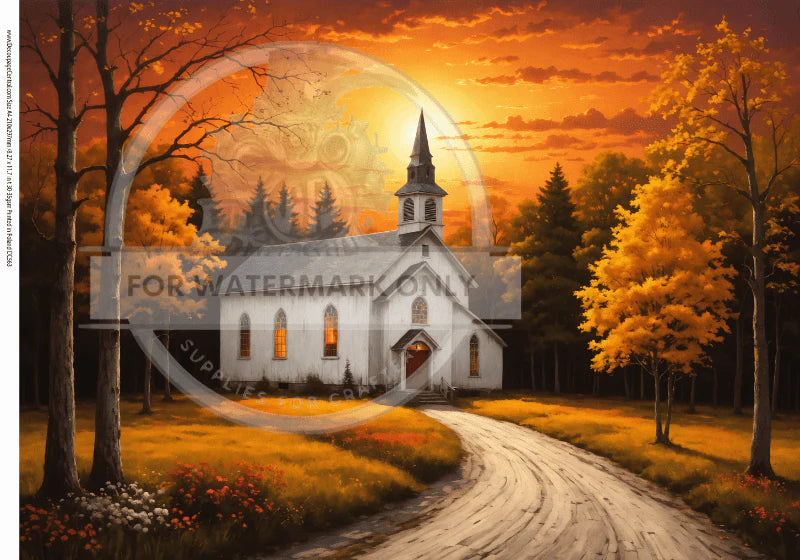 Decoupage Central Rice Paper, Autumn Country Church, Landscape, Mixed Media, A4 8.27x11.69