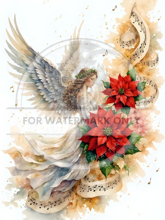 Decoupage Central, Holiday, Poinsettia, Christmas, Vintage Style, Angel, DC572, Rice Paper, Decoupage, Mixed Media, A4 8.27x11.69 in