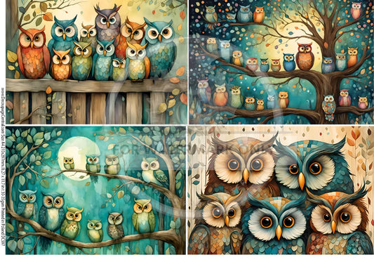 Decoupage Central, Crazy Owls, Blue, Colorful, Artistic, Owl Quad, DC597, Rice Paper, Decoupage, Mixed Media, A4 8.27x11.69