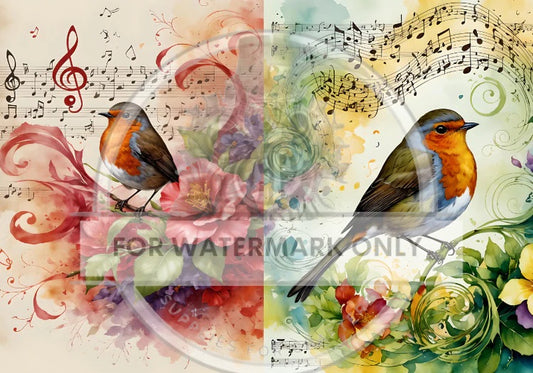 Decoupage Central, Watercolor, Birds, Floral, Music Sheets, Musical Notes, DC603, Rice Paper, Decoupage, Mixed Media, A4 8.27x11.69