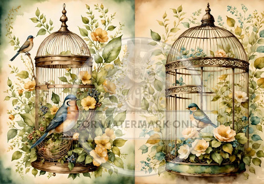 Decoupage Central, Rice Paper, Vintage, Spring, Flowers, Birds, Birdcage, Watercolor, Shabby Chic, DC633,  Mixed Media, A4 8.27x11.69