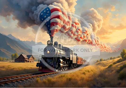 Decoupage Central, American Steam, Train, Landscape, Locomotive, America Flag, Patriotic,  DC635, Rice Paper, Mixed Media, A4 8.27 x 11.69