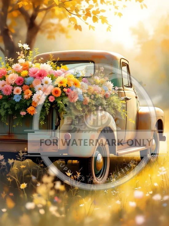 Decoupage Central, Rice Paper, Decoupage, Flowers, Old Vintage Truck, Shabby Chic, Mixed Media, DC696, A4 8.27x11.69