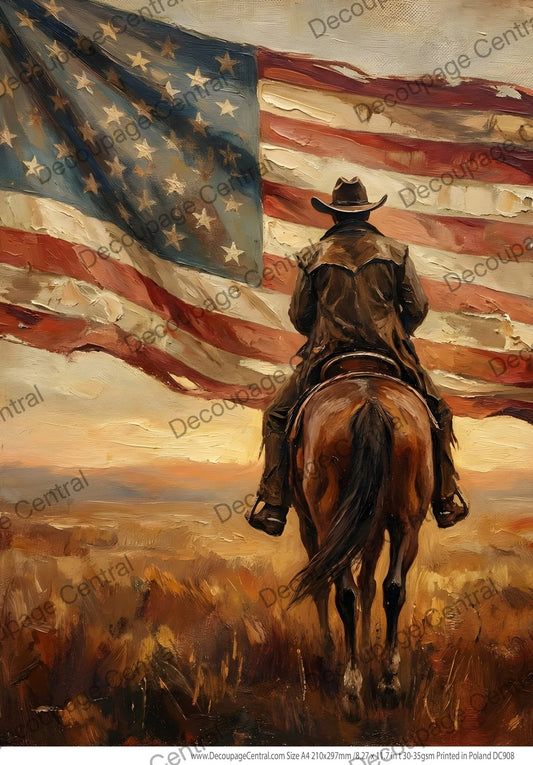 Decoupage Central Rice Paper, Ride for the American Flag, Patriotic Cowboy, Americana Style, Mixed Media, A4 8.27x11.69