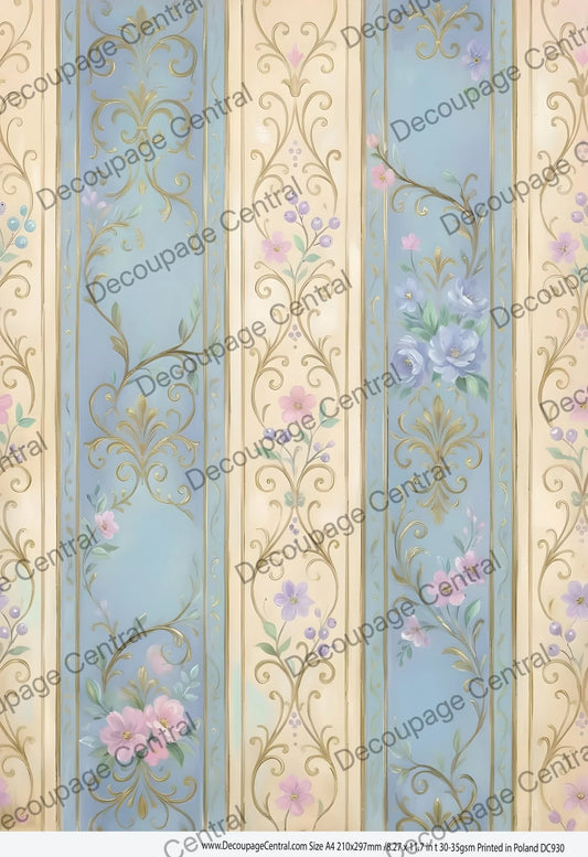 Decoupage Central Rice Paper, Blue, Beige Parlor Stripes, Background, Shabby Chic, Vintage Style, Mixed Media, A4 8.27x11.69