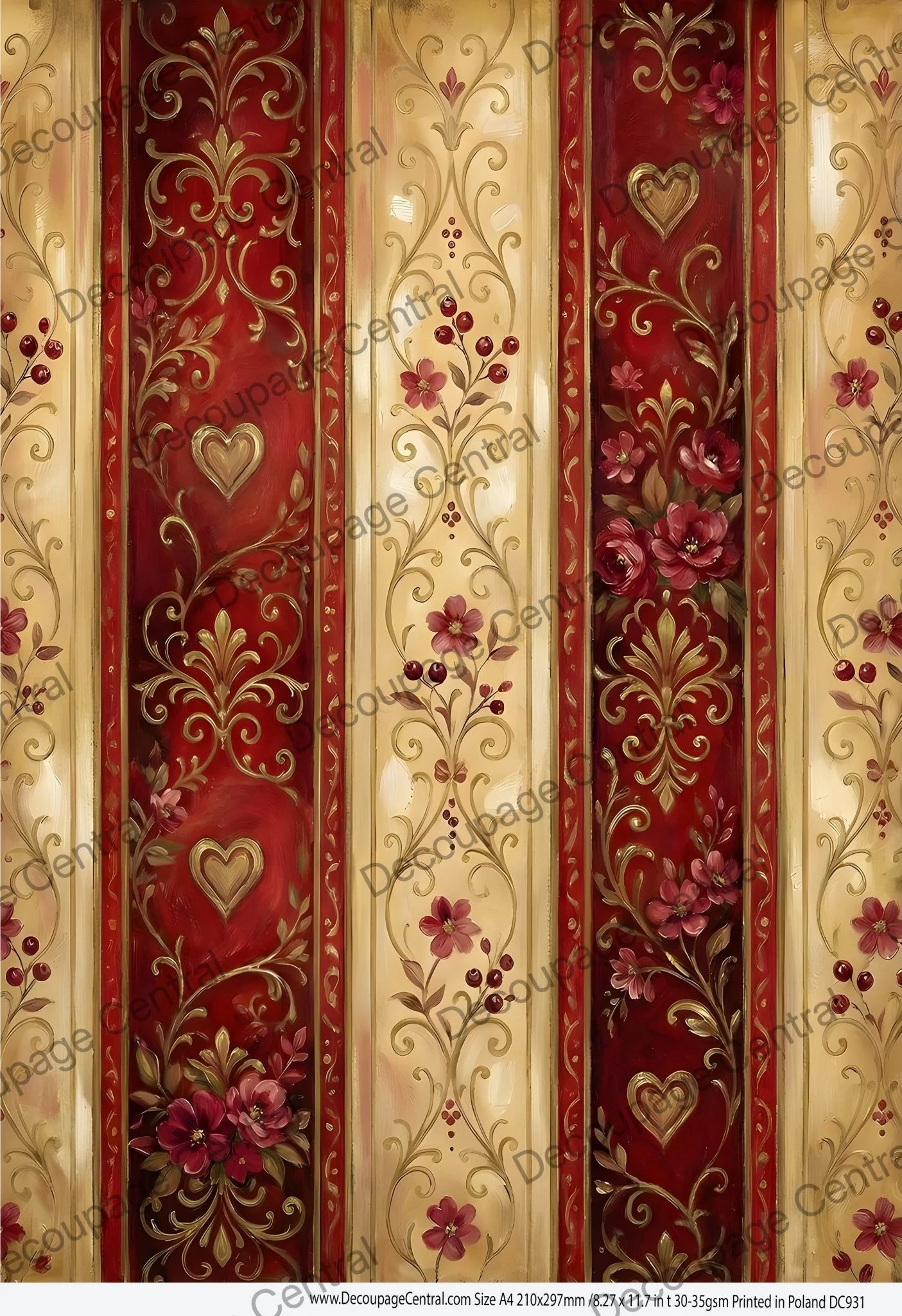 Decoupage Central Rice Paper, Red, Beige Parlor Stripes, Background, Shabby Chic, Vintage Style, Mixed Media, A4 8.27x11.69