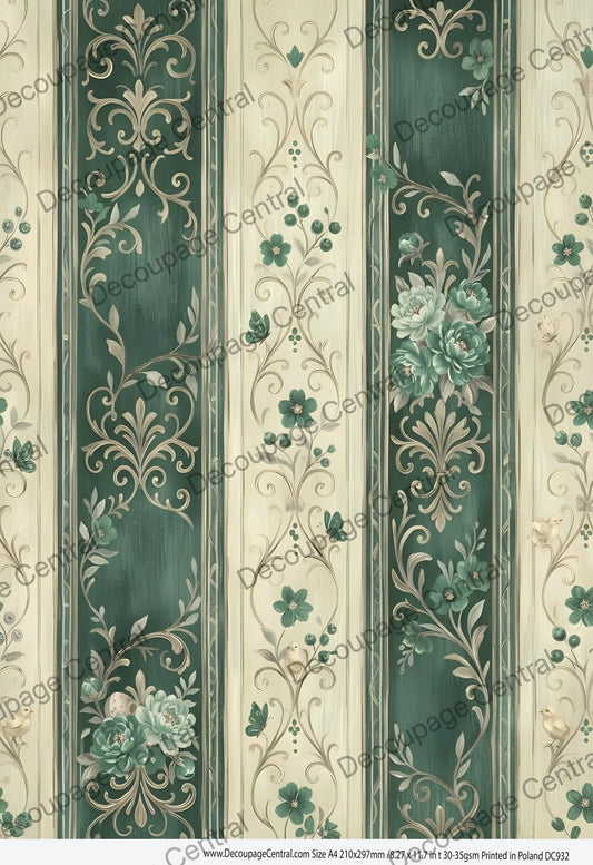Decoupage Central Rice Paper, Sage, Beige Parlor Stripes, Background, Shabby Chic, Vintage Style, Mixed Media, A4 8.27x11.69