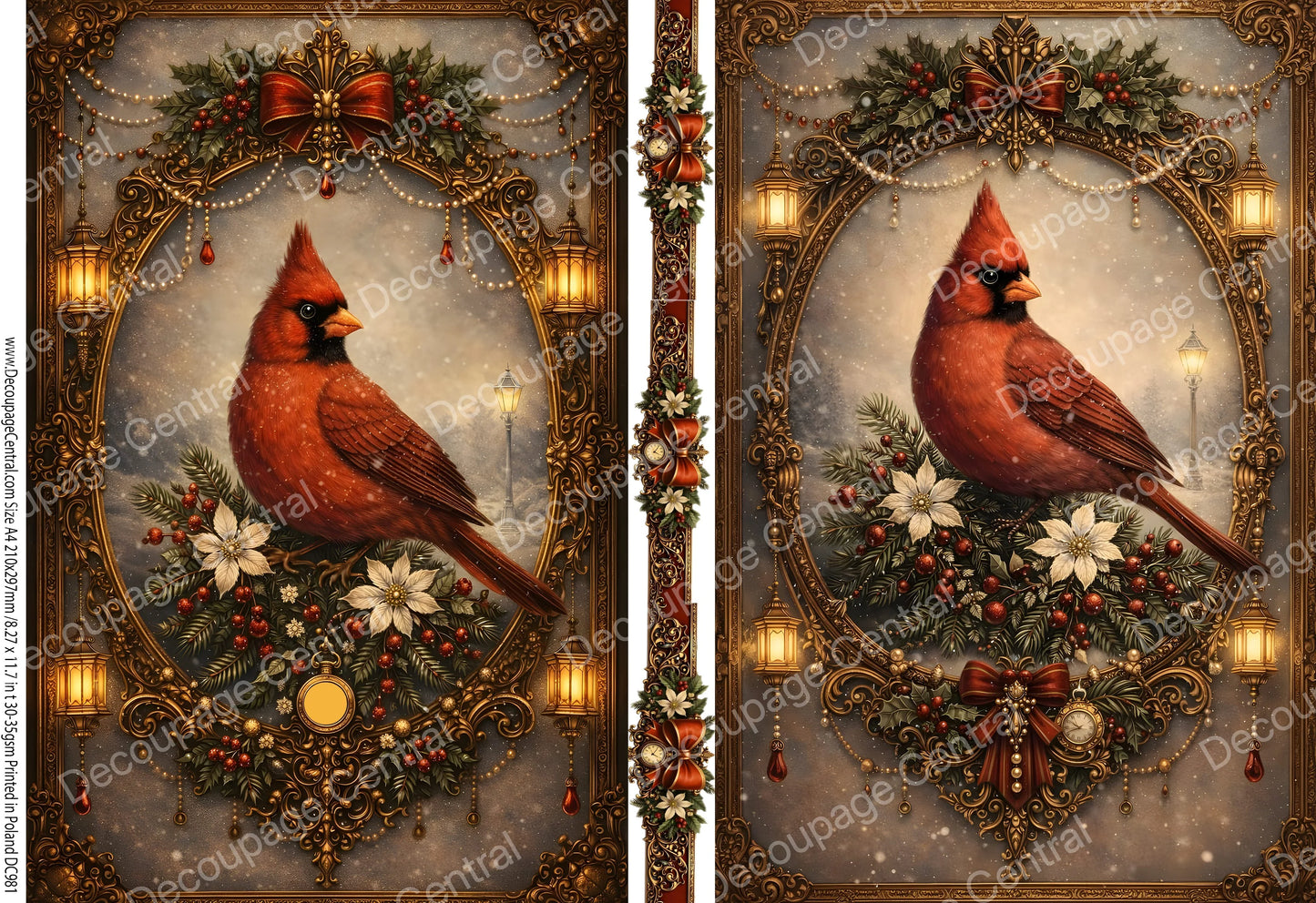 Decoupage Central Rice Paper | Vintage Style Framed Christmas Cardinal| A4 Mixed Media Scrapbooking