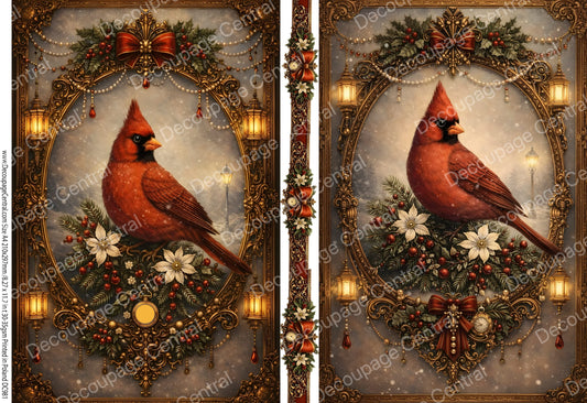 Decoupage Central Rice Paper | Vintage Style Framed Christmas Cardinal| A4 Mixed Media Scrapbooking