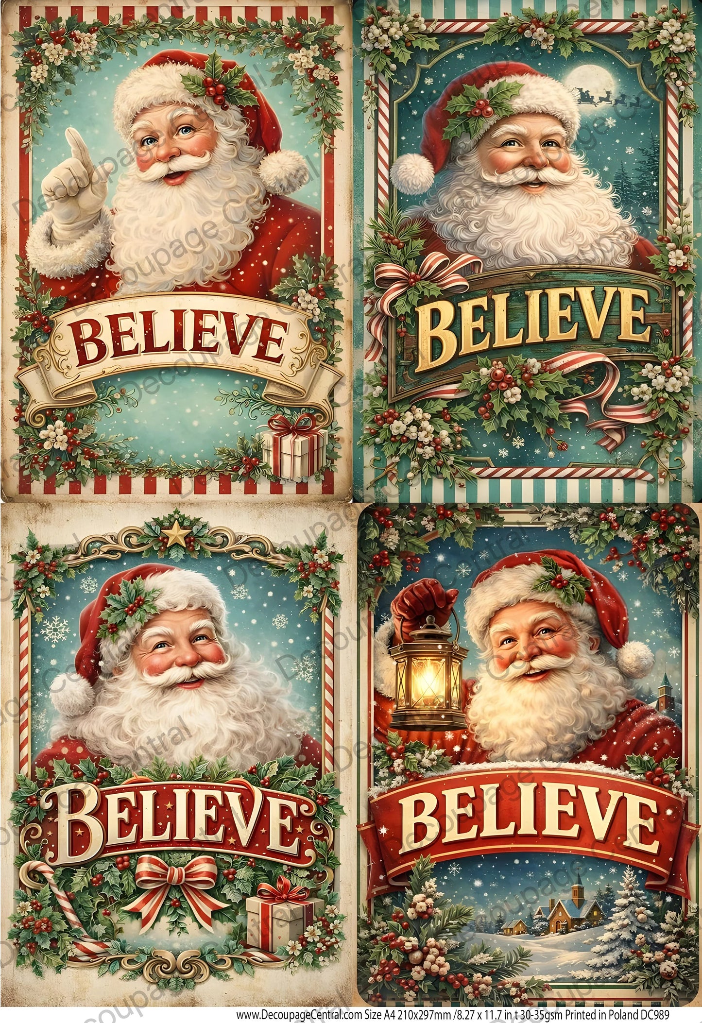 Decoupage Central Rice Paper, Christmas, Believe Santa Squares, Scrapbooking, Mixed Media, A4 8.27x11.69