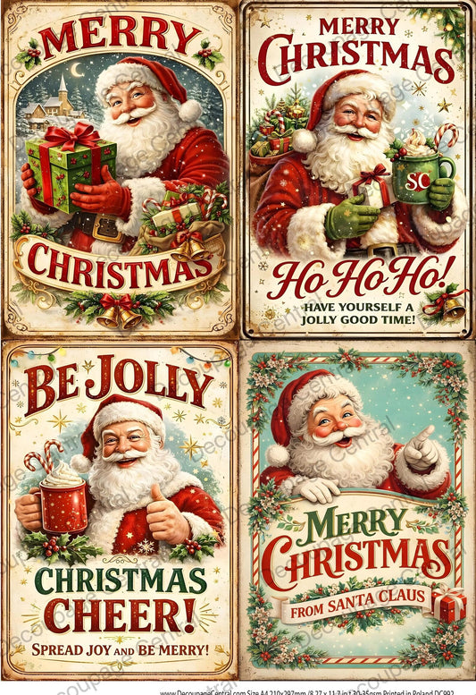 Decoupage Central Rice Paper, Christmas, Festive Santa Squares, Scrapbooking, Mixed Media, A4 8.27x11.69