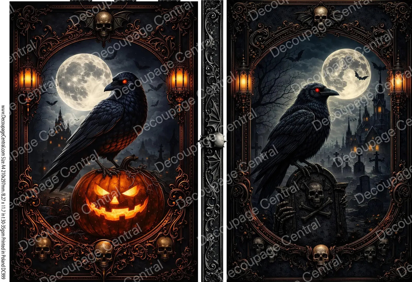 Decoupage Central Rice Paper, Halloween, Raven Moon Cemetery, Skull, Gothic, Scrapbooking, Mixed Media, A4 8.27x11.69